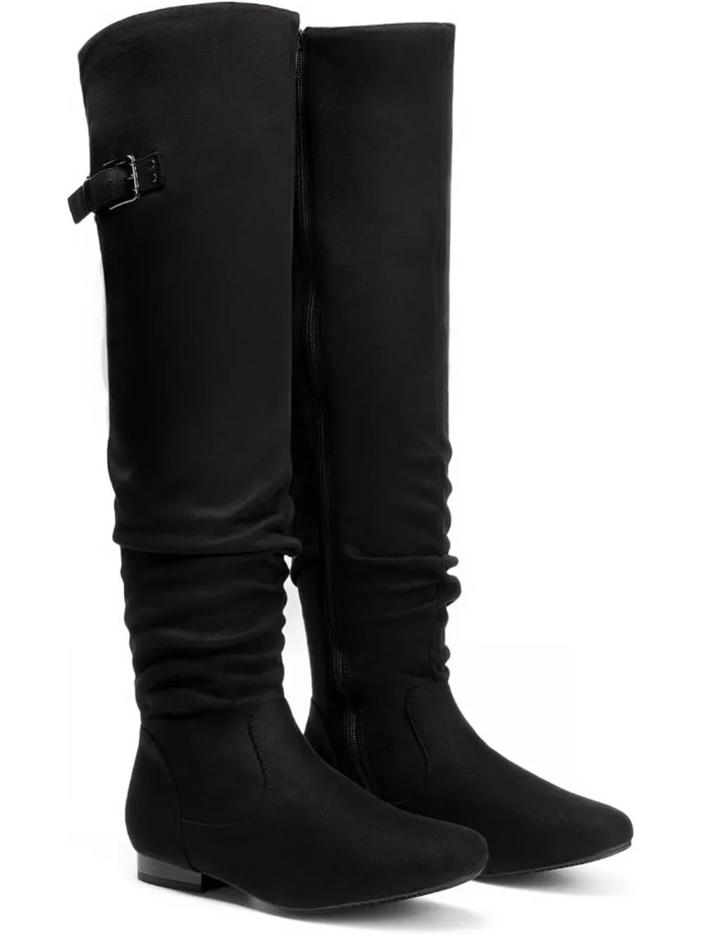 Women's Black Flat Heel Pointed Toe Slouch Over The Knee Thigh High Boots